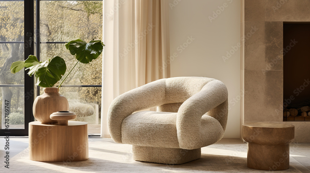 Generative AI, White cozy soft armchair. Interior design of living room, warm minimalism, wabi sabi style..