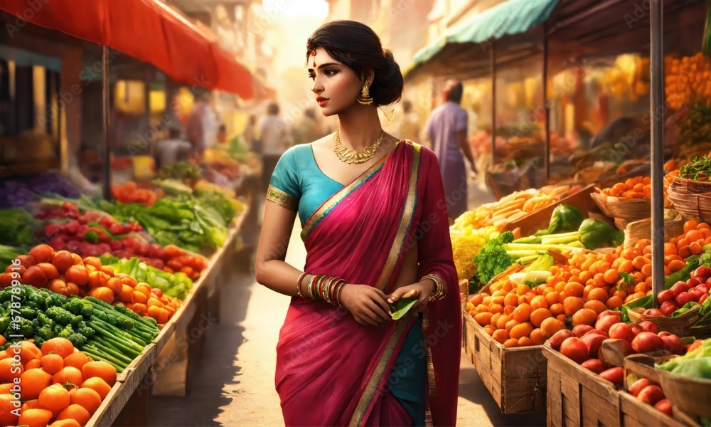 Indian woman in traditional sari and hindu clothes at vegetable market

