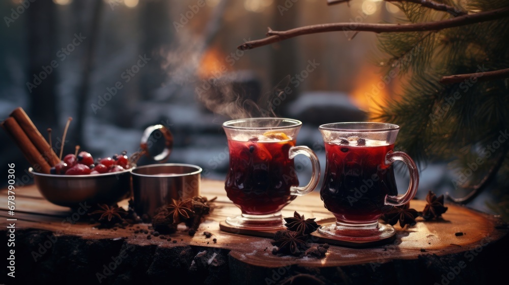 two glass mugs with a hot drink of red mulled wine stand on a wooden cottage table against the backdrop of an autumn forest, Cabincore Aesthetics - obrazy, fototapety, plakaty 