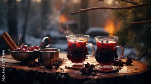 Foto two glass mugs with a hot drink of red mulled wine stand on a wooden cottage tab