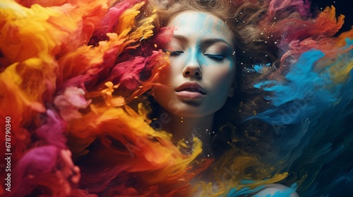 Double exposure: Vibrant pigments dance in harmony with the human spirit.