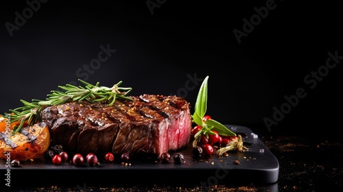 Grilled beef steak on a black background, ai generative photo