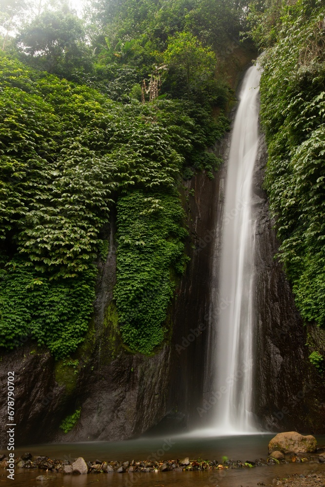 Vertical shot of a beautiful narrow waterfall in a forest Vertical shot of a beautiful narrow waterfall in a forest