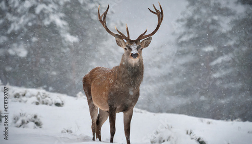 winter photo of red deer cervus elaphus deer standing in a snowstorm trophy deer with antlers in natural habitat bulgaria wildlife photo