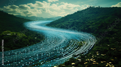 Rivers Of Information, Data As Rivers, Data Stream, Flowing Bytes, Concept Of Flow Of Digital Data. Data River Concept To Represent Digital Age, Data Transmission And Nature. Generative AI