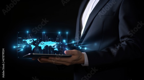Businessman holding tablet and analysis stock market, currency exchange and banking, showing a growing virtual hologram of statistics, graph and chart, Business growth, planing and strategy concept.