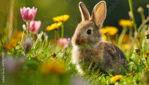baby rabbit in flower meadow in spring bavaria germany