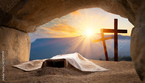 crucifixion at sunrise empty tomb with shroud resurrection of jesus christ photo