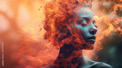 Triple exposure: A seamless blend of fire's energy, nature's elegance, and human aura.