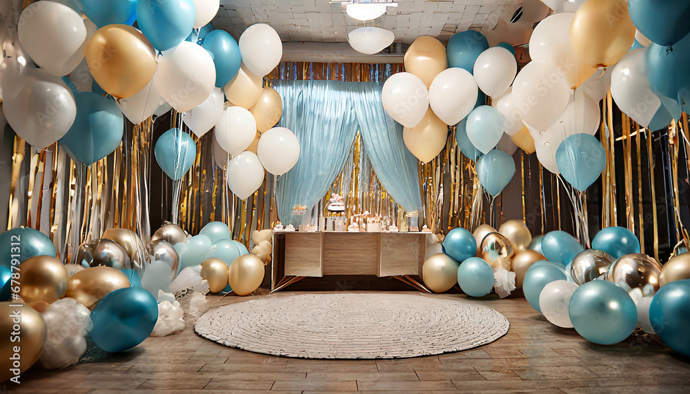 party festive birthday photo zone with colorful balloons - obrazy, fototapety, plakaty 
