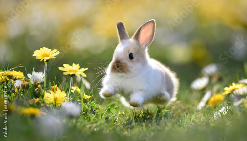 easter bunny hopping in the meadow little furry rabbit in the grass generative ai