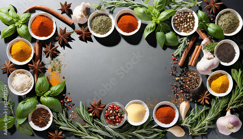 frame border png food design element spices and herbs with real shadow on background variety of spices and mediterranean herbs photo