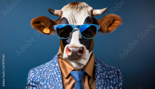a portrait of a funky cow wearing sunglasses funky jacket and a blue tie on a seamless dark blue background copy space for text generative ai technology