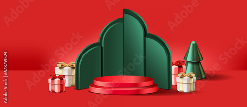 Christmas scene with red podium modern green partition, product display Christmas ornament, girt wrap ribbon and box design banner. 3d Vector Illustration.