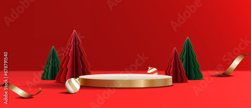 Christmas banner with product display and festive decoration red background. 3d Vector Illustration.
