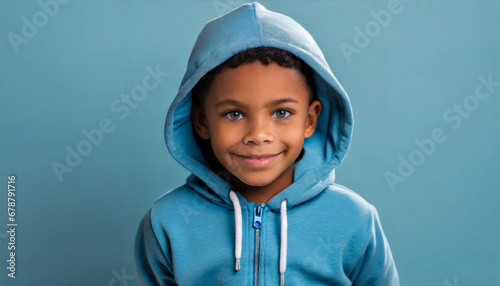 portrait of a smiling little boy in a blue hoodie on a blue background photo
