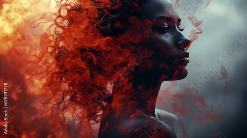 Triple exposure: A timeless fusion of fire's energy, nature's serenity, and human essence.