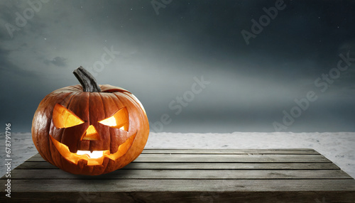 one spooky halloween pumpkin jack o lantern with an evil face and eyes on a wooden bench table with a misty gray coastal night background with space for product placement