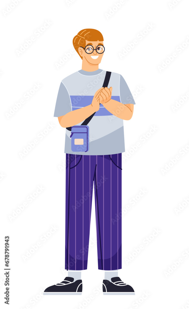 Person clapping hands. Joyful young guy in glasses expresses gratitude with applause and cheering. Celebrating, Greetings and Support. Cartoon flat vector illustration isolated on white background