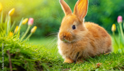 cute easter orange bunny rabbit on green grass and green blurred background close up