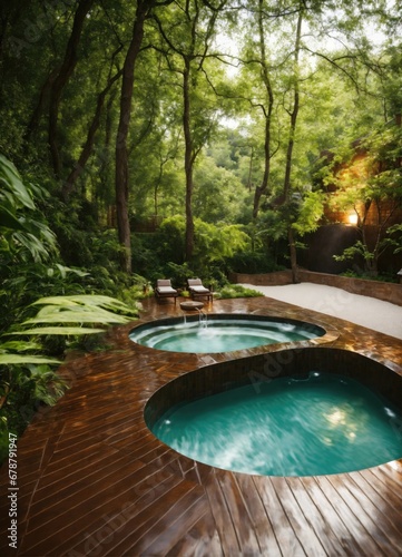 Swimming pool in a tropical garden with wooden deck and green trees 