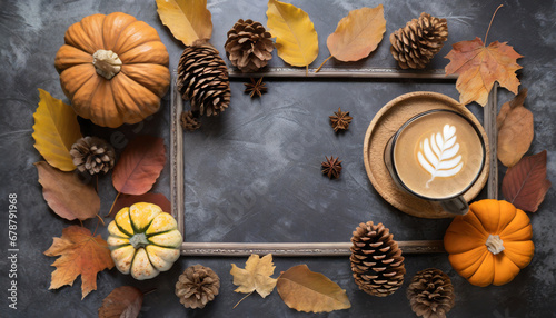 a cozy flat lay image of an autumn themed frame filled with natural pine cones pumpkins dried leaves and a pumpkin latte on a dark grey stone surface this fall and thanksgiving background offers photo