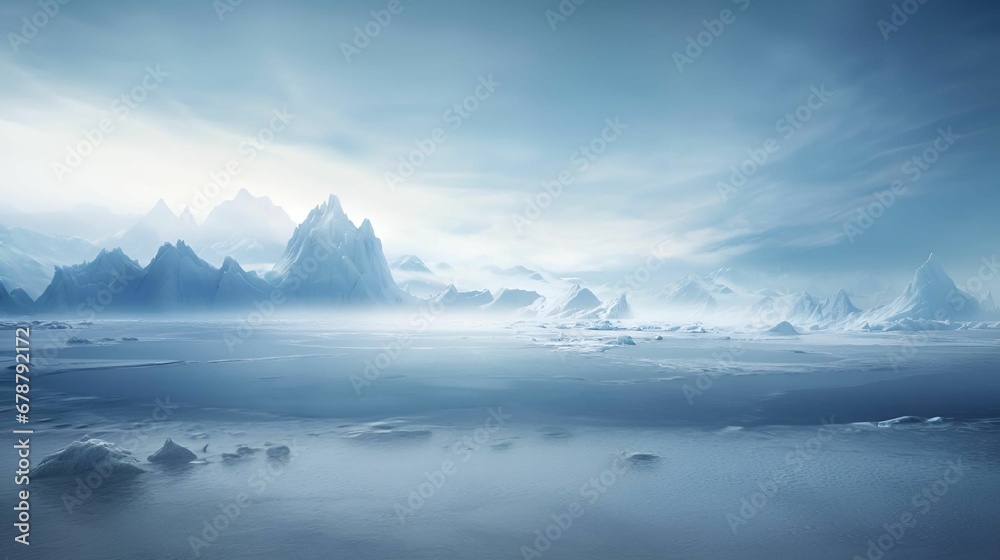 AI generated illustration of a scenic winter landscape featuring snow-covered mountains