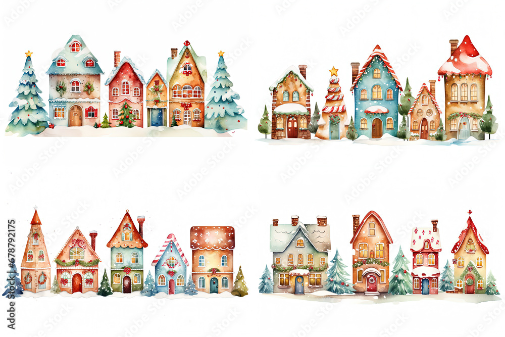 watercolor cartoon style illustration, cute winter snow town , cold snow fall covered over roof, happy Christmas and new year time, Generative Ai