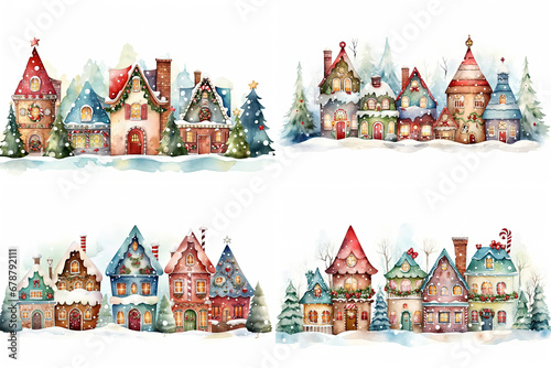 watercolor cartoon style illustration, cute winter snow town , cold snow fall covered over roof, happy Christmas and new year time, Generative Ai © QuietWord