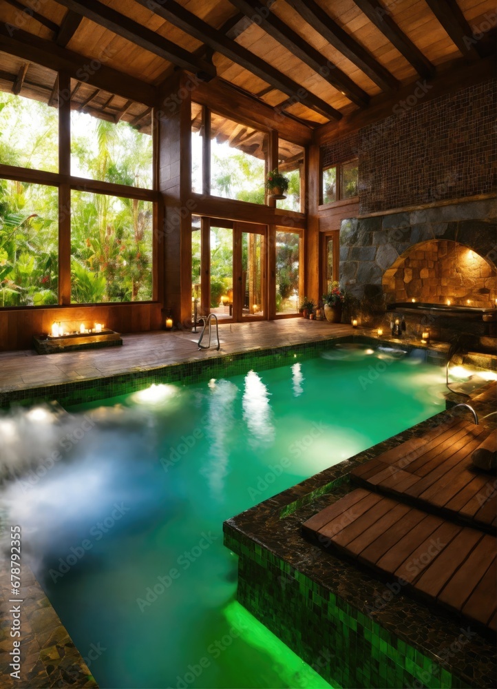 Hot tub in spa resort with green water and wooden ceiling. Spa concept
