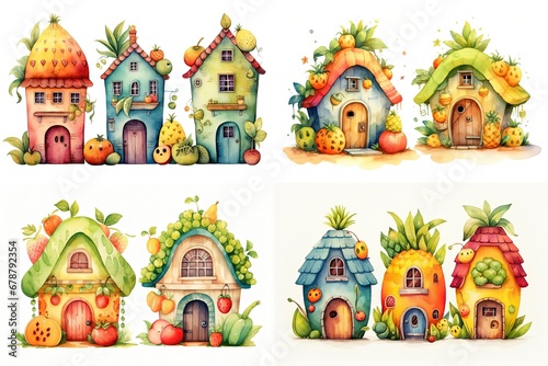 watercolor cartoon of cute fruit house in garden, summer  house, childhood imagination and children book design illustration, generative Ai