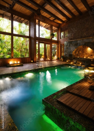 Hot tub in spa resort with green water and wooden ceiling. Spa concept © Sagar