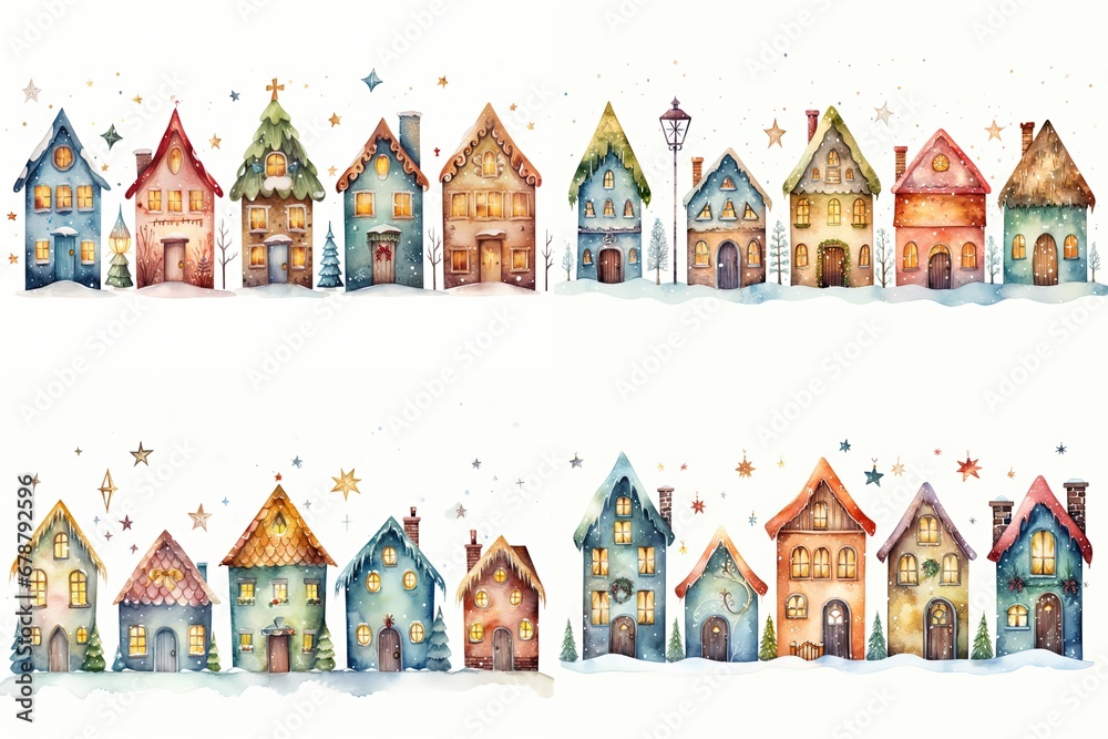  watercolor cartoon style illustration, cute house in winter time, decorated in happy Christmas and new year theme, Generative Ai