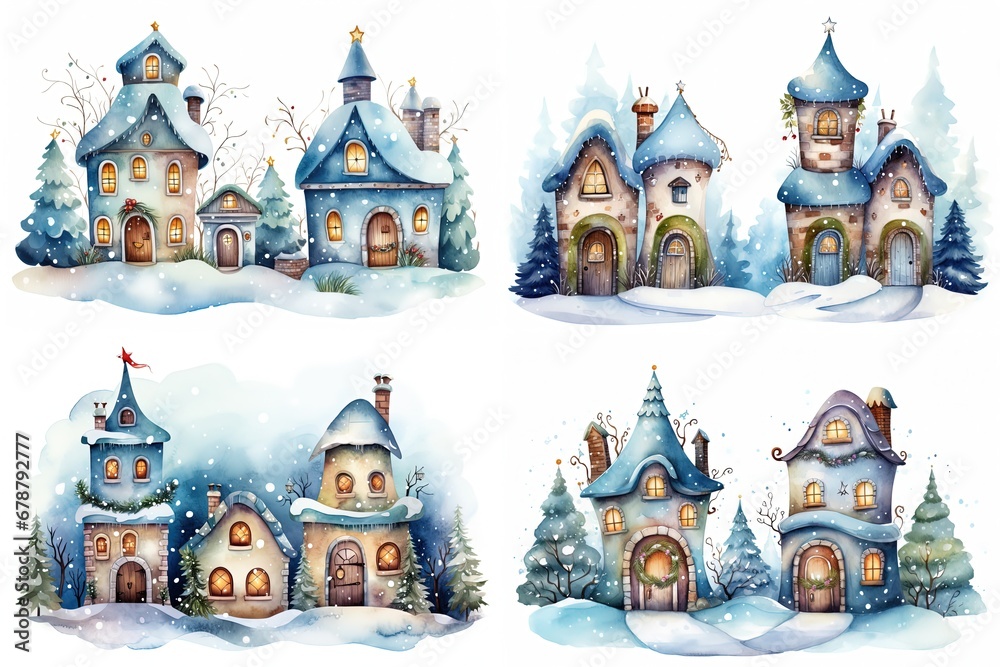 Fototapeta premium watercolor cartoon style illustration, cute winter snow town , cold snow fall covered over roof, happy Christmas and new year time, Generative Ai