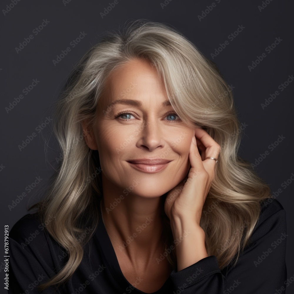 Beautiful gorgeous 50s mid aged mature woman looking at camera isolated on gray. AI Generated Beautiful gorgeous 50s mid aged mature woman looking at camera isolated on gray. AI Generated