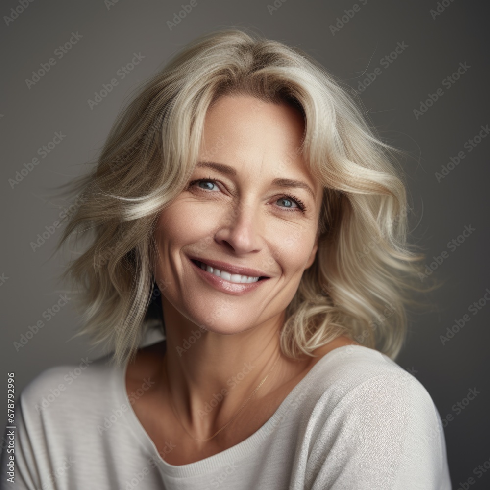 Fototapeta premium Beautiful gorgeous 50s mid aged mature woman looking at camera isolated on gray. AI Generated