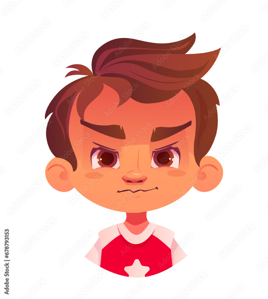 Child facial expression. Unhappy upset little boy gets angry and offended. Sad little preschooler. Avatar for social networks. Cartoon flat vector illustration isolated on white background Child facial expression. Unhappy upset little boy gets angry and offended. Sad little preschooler. Avatar for social networks. Cartoon flat vector illustration isolated on white background