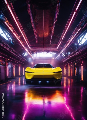 A yellow sport car in a dark underground garage with neon lights.

