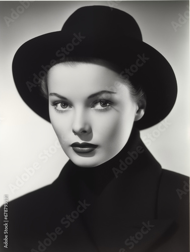 portrait of a woman in hat black and white Vintage glamour, ai generated 