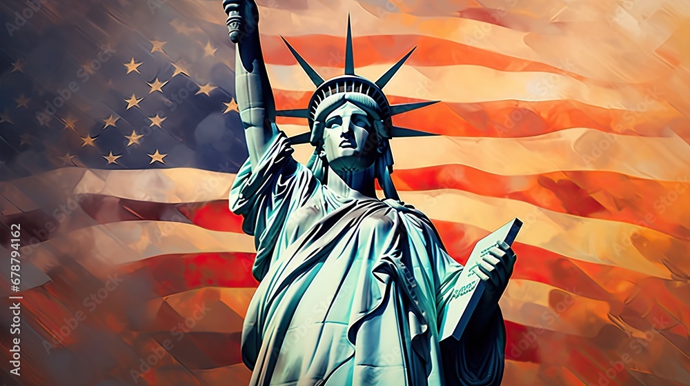 the Statue of Liberty standing tall in front of an American flag, with ...