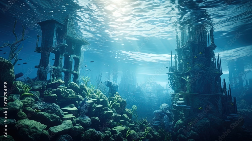 City Beneath Waves, Transparent Tunnels Display Marine Life by Tidal-Powered Energy Nodes - obrazy, fototapety, plakaty 