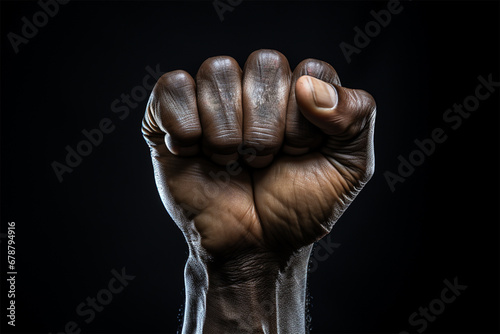 Black fist in the air raised up on a black background, black lives matter, racial injustice. Fighting racism. Human rights, struggle, protests against racism. 