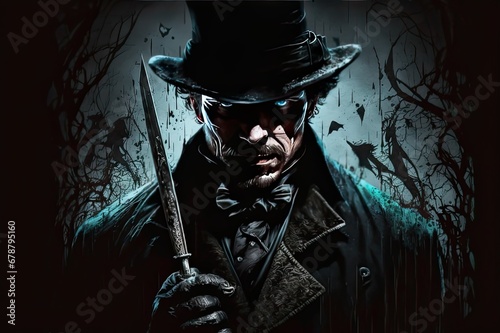 Jack the Ripper creepy art. He standing in a dark forest and holding a knife. photo