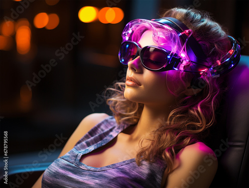 a young woman is walking in a chair wearing a futuristic device on her head with a neon glow. The concept of technology development in medicine and everyday life. introduction of artificial