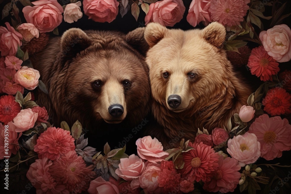 Fototapeta premium Bear romance valentines day flowers