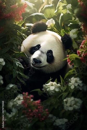 Happy panda among flowers