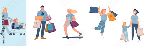 People shopping illustration set. collection of person with bag and box. big sale and discount.