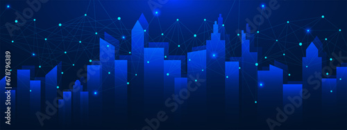 Smart city technology concept with connect points and lines. Business connection, networks and global communication background. photo