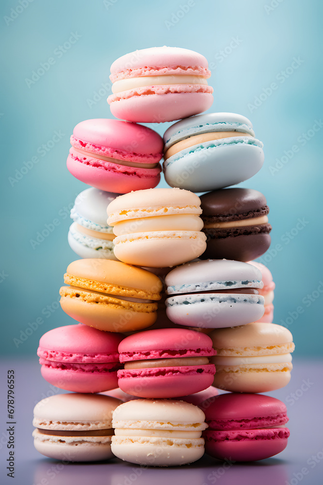 Macaroons close-up. A pyramid of cakes. A pile of cookies. Delicate pink and blue colors, delicious dessert. Macaroons close-up. A pyramid of cakes. A pile of cookies. Delicate pink and blue colors, delicious dessert.