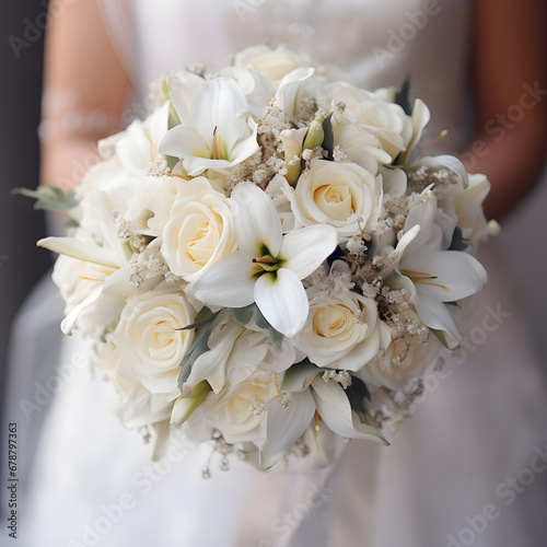 Wedding elegant bouquet in the hands of the bride. Luxury flowers for a wedding event. The bride's festive bouquet.